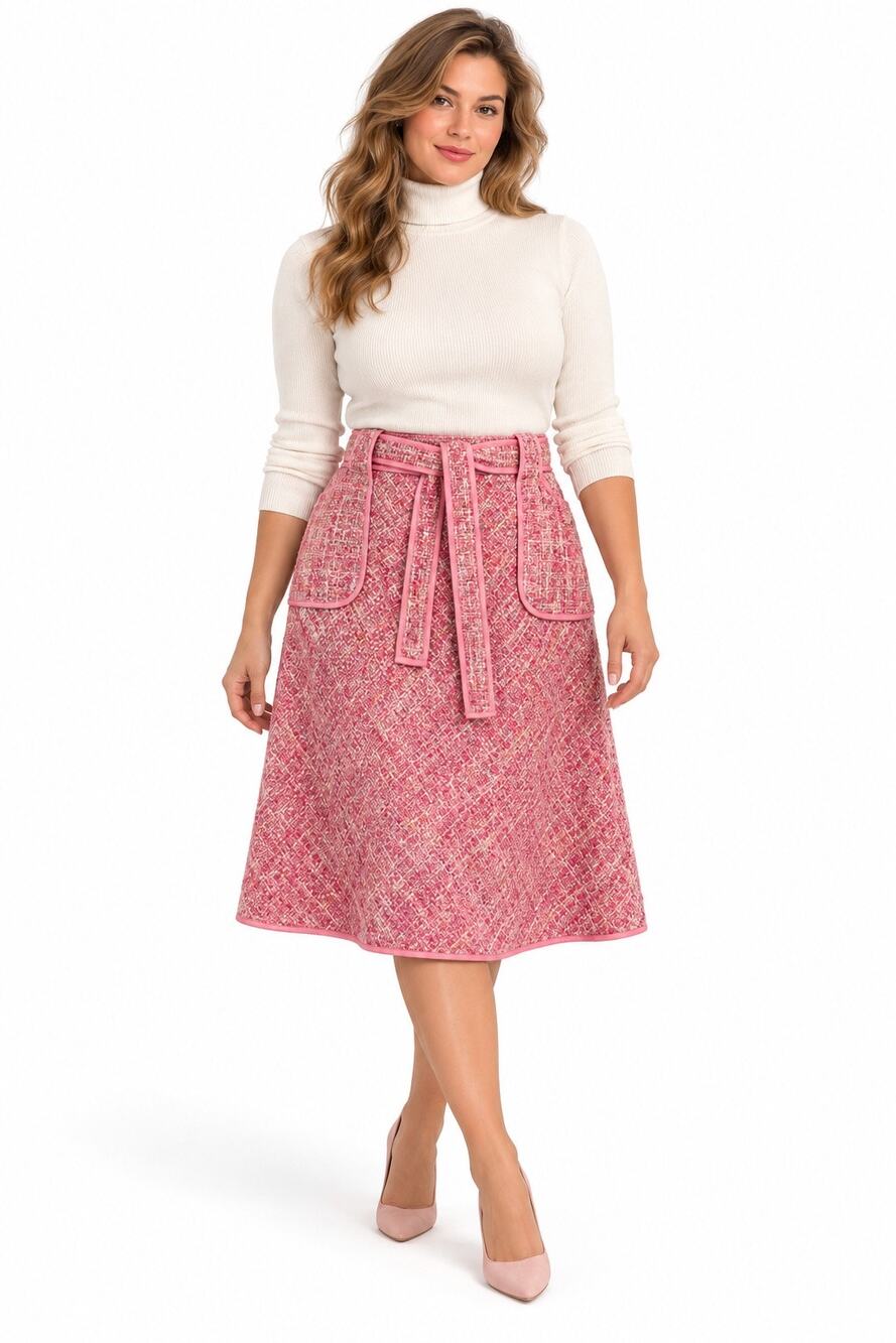 Vintage 00s WD•NY Pink Bouclé Tie Belt Patch Pockets A-Line Midi Skirt